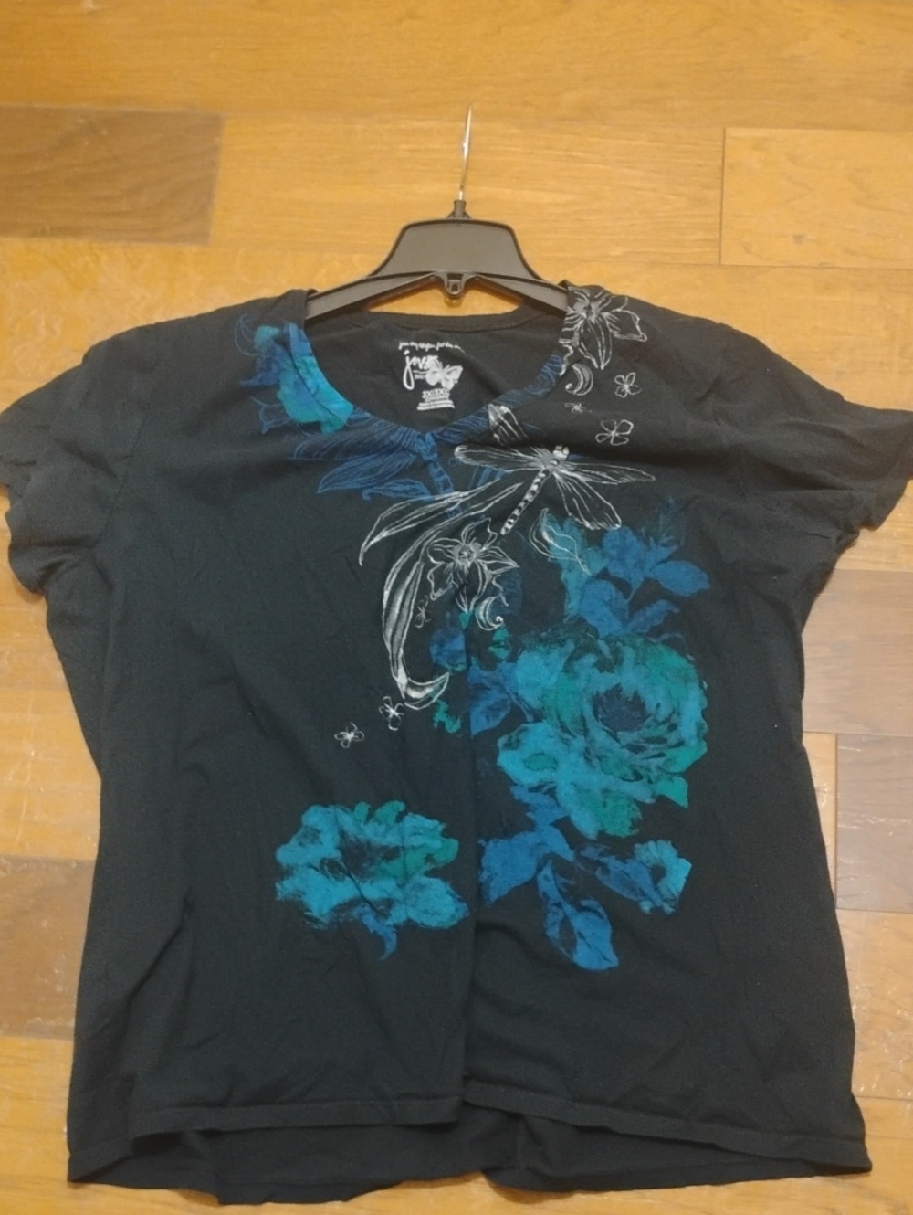 Just My Size Black Short-Sleeve V-Neck Tee with Teal and Blue Floral Print